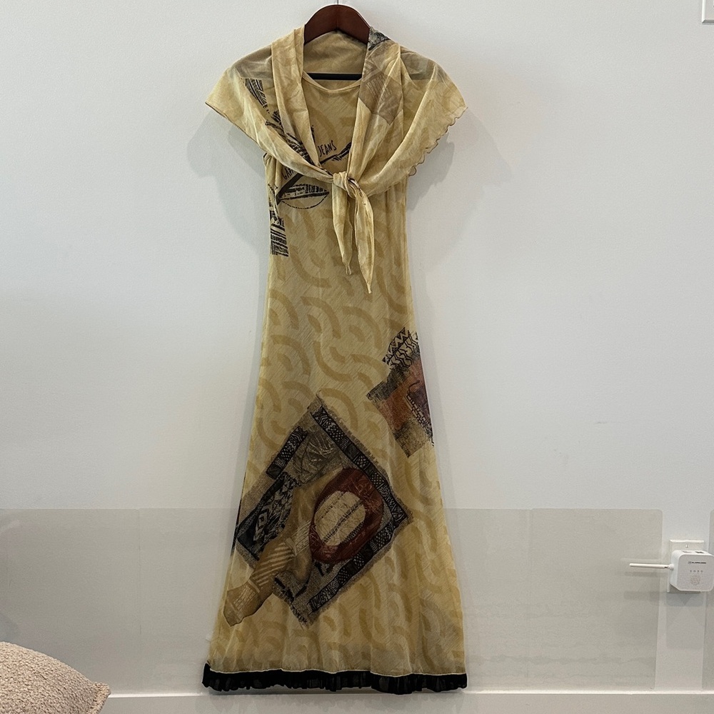 Yellow Patterned Maxi Dress with Tie Neck